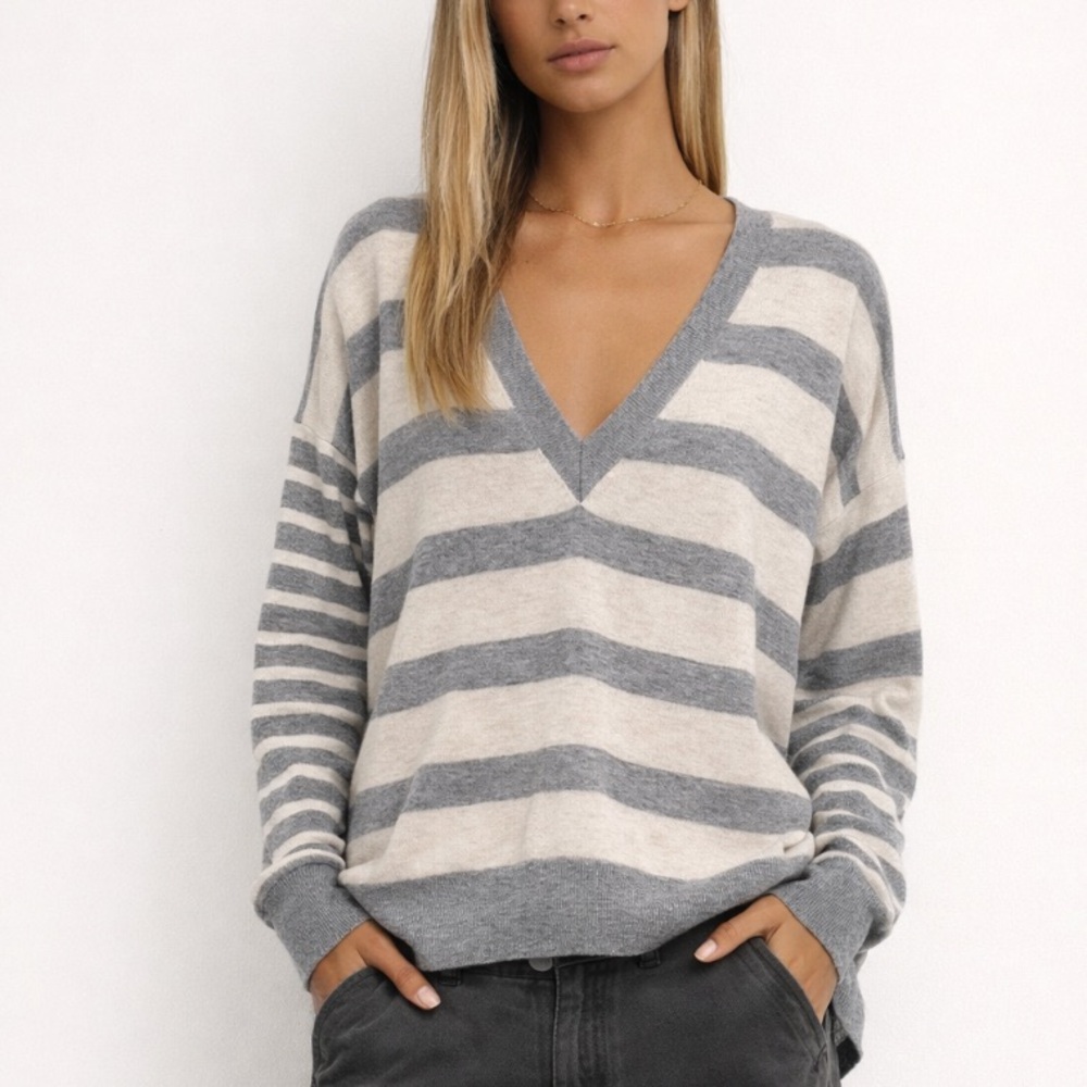 Derek Lam 10 Crosby | Ivory & Gray Stripe XS Sweater Wool Cashmere Blend V-Neck